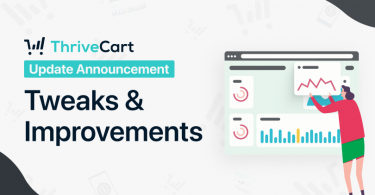 Graphic titled "ThriveCart Update Announcement" Tweaks & Improvements" showing a browser page with charts and graphs.