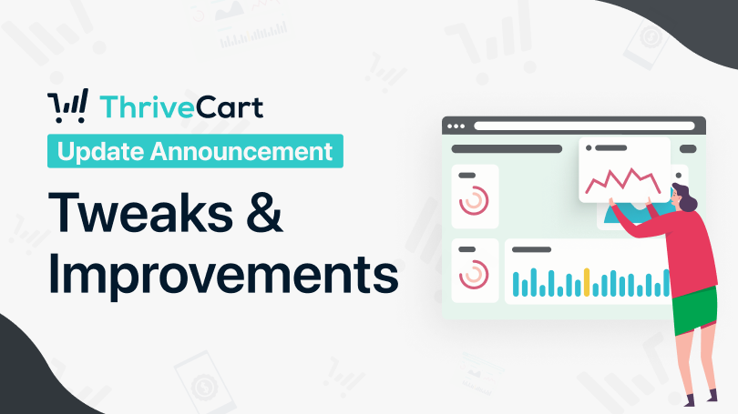 Graphic titled "ThriveCart Update Announcement" Tweaks & Improvements" showing a browser page with charts and graphs.