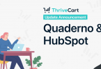 Graphic titled "ThriveCart Update Announcement: Quaderno & Hubspot" showing a woman sitting at a desk with a laptop.