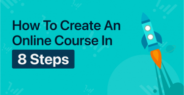 Graphic titled "How to Create an Online Course in 8 Steps," with an illustration of rocket ship blasting off.