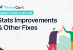 Graphic titled "ThriveCart Update Announcement: Stats Improvements & Other Fixes" showing two people high-fiving