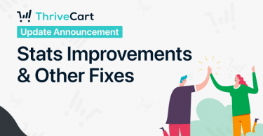 Graphic titled "ThriveCart Update Announcement: Stats Improvements & Other Fixes" showing two people high-fiving