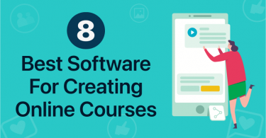 Graphic titled "8 Best Software for Creating Online Courses" showing a woman next to an oversized mobile device.
