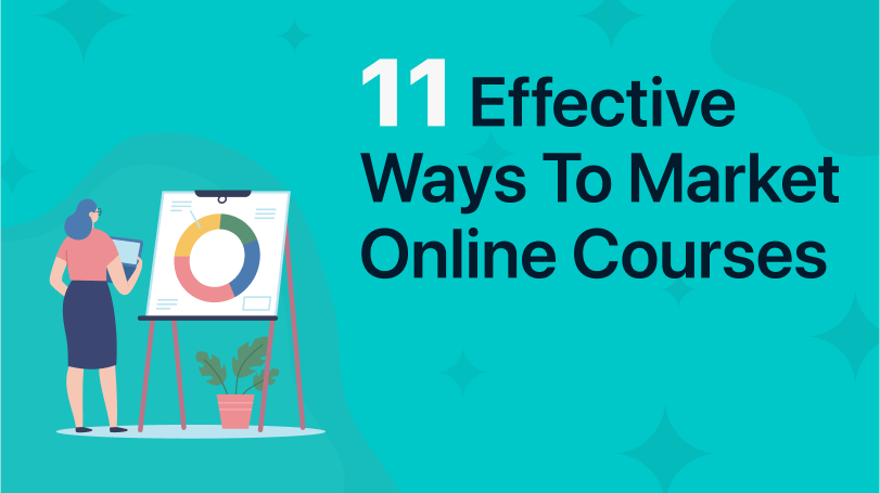Graphic titled "11 Effective Ways to Market Online Courses" with an illustration of a woman standing next to a flip chart.